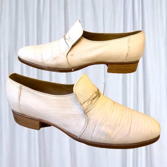 Vintage 80\'s Mens Dress Loafer White Leather Snake Print Queen French 10.5 FLAW main image 7